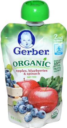 Gerber, 2nd Foods, Organic Baby Food, Apples, Blueberries & Spinach, 3.5 oz (99 g) ,صحة الأطفال، أغذية الأطفال، تغذية الطفل، الغذاء