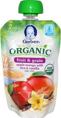 Gerber, 2nd Foods, Organic, Baby Food, Fruit and Grain, Apple Mango with Rice & Vanilla, 3.5 oz (99 g) ,صحة الأطفال، أغذية الأطفال، تغذية الطفل، الغذاء