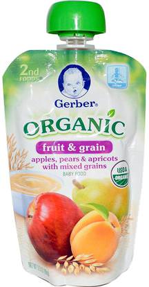 Gerber, 2nd Foods, Organic, Baby Food, Fruit & Grain, Apples, Pears & Apricots with Mixed Grains, 3.5 oz (99 g) ,صحة الأطفال، أغذية الأطفال، تغذية الطفل، الغذاء