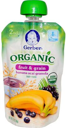 Gerber, 2nd Foods, Organic Baby Food, Fruit & Grain, Banana Acai Granola, 3.5 oz (99 g) ,صحة الأطفال، أغذية الأطفال، تغذية الطفل، الغذاء