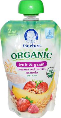 Gerber, 2nd Foods, Organic, Baby Food, Fruit & Grain, Banana Red Berries Granola, 3.5 oz (99 g) ,صحة الأطفال، أغذية الأطفال، تغذية الطفل، الغذاء