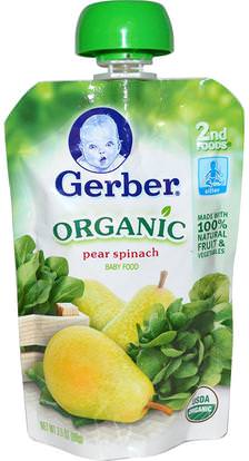 Gerber, 2nd Foods, Organic Baby Food, Pear Spinach, 3.5 oz (99 g) ,صحة الأطفال، أغذية الأطفال، تغذية الطفل، الغذاء