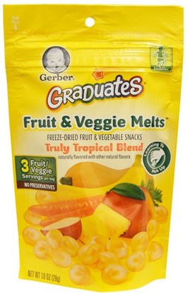 Gerber, Graduates, Fruit & Veggie Melts, Truly Tropical Blend, 1.0 oz (28 g) ,صحة الطفل، تغذية الطفل، الخريجين، نفث