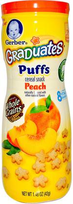 Gerber, Graduates, Puffs Cereal Snack, Peach, Crawler, 1.48 oz (42 g) ,صحة الطفل، تغذية الطفل، الخريجين، نفث