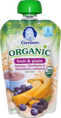 Gerber, 2nd Foods, Organic Baby Food, Fruit & Grain, Banana, Blueberry & Blackberry Oatmeal, 3.5 oz (99 g) ,صحة الأطفال، أغذية الأطفال، تغذية الطفل، الغذاء