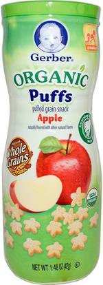 Gerber, Organic Puffs, Apple, 1.48 oz (42 g) ,صحة الطفل، تغذية الطفل، وجبات خفيفة الطفل والأصبع الأطعمة، نفث، أطفال الأطعمة
