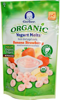 Gerber, Organic, Yogurt Melts, Banana Strawberry, 1.0 oz (28 g) ,صحة الطفل، تغذية الطفل، وجبات خفيفة الطفل والأصبع الأطعمة، نفث، أطفال الأطعمة