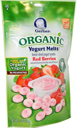 Gerber, Organic Yogurt Melts, Red Berries, 1.0 oz (28 g) ,صحة الطفل، تغذية الطفل، وجبات خفيفة الطفل والأصبع الأطعمة، نفث، أطفال الأطعمة