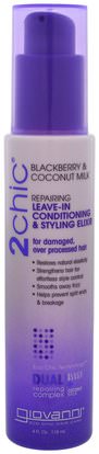 Giovanni, 2Chic, Repairing Leave-In Conditioning & Styling Elixir, for Damaged Over Processed Hair, Blackberry & Coconut Milk, 4 fl oz (118 ml) ,حمام، الجمال، دقة بالغة، فروة الرأس