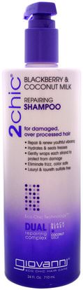 Giovanni, 2Chic, Repairing Shampoo, for Damaged, Over Processed Hair, Blackberry & Coconut Milk, 24 fl oz (710 ml) ,حمام، الجمال، دقة بالغة، فروة الرأس