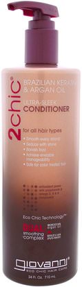 Giovanni, 2Chic, Ultra-Sleek Conditioner, for All Hair Types, Brazilian Keratin & Argan Oil, 24 fl oz (710 ml) ,حمام، الجمال، دقة بالغة، فروة الرأس