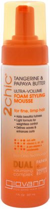 Giovanni, 2Chic, Ultra-Volume Foam Styling Mousse, for Fine Limp Hair, Tangerine & Papaya Butter, 7 fl oz (207 ml) ,حمام، الجمال، دقة بالغة، فروة الرأس