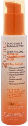 Giovanni, 2Chic, Ultra-Volume Leave-In Conditioning Elixir, for Fine, Limp Hair, Tangerine & Papaya Butter, 4 fl oz (118 ml) ,حمام، الجمال، دقة بالغة، فروة الرأس