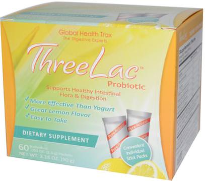 Global Health Trax, ThreeLac Probiotic, Lemon Flavor, 60 Packets.053 oz (1.5 g) Each ,المكملات الغذائية، البروبيوتيك