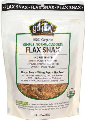 Go Raw, Organic Flax Snax, Simple-Nothing Added!, 3 oz (85 g) ,الغذاء، والوجبات الخفيفة، يمزج وجبة خفيفة، والمكملات الغذائية، بذور الكتان
