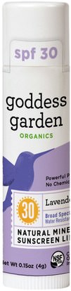 Goddess Garden, Organics, Natural Mineral Sunscreen Lip Balm, SPF 30, Lavender Mint, 0.15 oz (4 g) ,حمام، الجمال، العناية الشفاه، شفة الشمس
