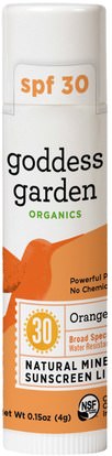 Goddess Garden, Organics, Natural Mineral Sunscreen Lip Balm, SPF 30, Orange Vanilla, 0.15 oz (4 g) ,حمام، الجمال، العناية الشفاه، شفة الشمس