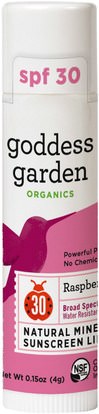 Goddess Garden, Organics, Natural Mineral Sunscreen Lip Balm, SPF 30, Raspberry, 0.15 oz (4 g) ,حمام، الجمال، العناية الشفاه، شفة الشمس