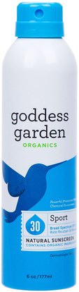 Goddess Garden, Organics, Natural Sunscreen, Sport, Spray, SPF 30, 6 oz (177 ml) ,حمام، الجمال، واقية من الشمس، سف 30-45