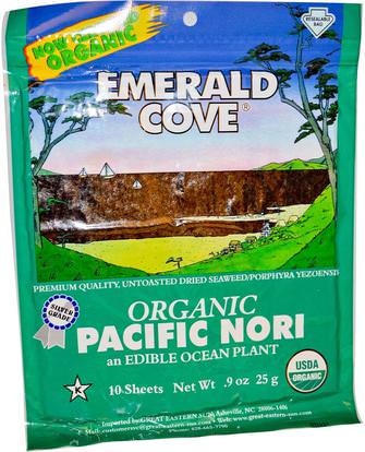 Great Eastern Sun, Emerald Cove, Organic Pacific Nori, 10 Sheets, 0.9 oz (25 g) ,المكملات الغذائية، الطحالب المختلفة، عظيم الشمس الشرقي الزمرد كوف البحر الخضار