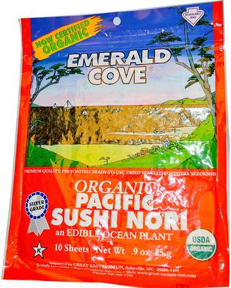 Great Eastern Sun, Emerald Cove, Organic Pacific Sushi Nori, 10 Sheets.9 oz (25 g) ,المكملات الغذائية، الطحالب المختلفة، عظيم الشمس الشرقي الزمرد كوف البحر الخضار