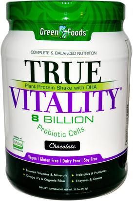 Green Foods Corporation, True Vitality, Plant Protein Shake with DHA, Chocolate, 25.2 oz (714 g) ,والمكملات الغذائية، يهز البروتين
