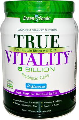 Green Foods Corporation, True Vitality, Plant Protein Shake with DHA, Unflavored, 22.7 oz (644 g) ,والمكملات الغذائية، يهز البروتين