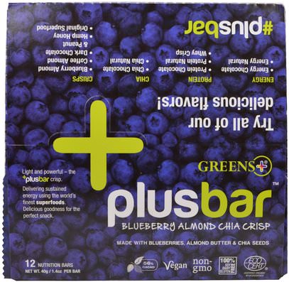 Greens Plus, Plusbar, Blueberry Almond Chia Crisp, 12 Bars, 1.4 oz (40 g) Each ,والمكملات الغذائية، إيفا أوميجا 3 6 9 (إيبا دا)، بذور شيا، والغذاء والوجبات الخفيفة والوجبات الخفيفة الصحية