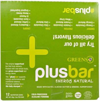 Greens Plus, Plusbar, Energy Natural, 12 Bars, 2 oz (59 g) Each ,المكملات الغذائية، الحانات الغذائية