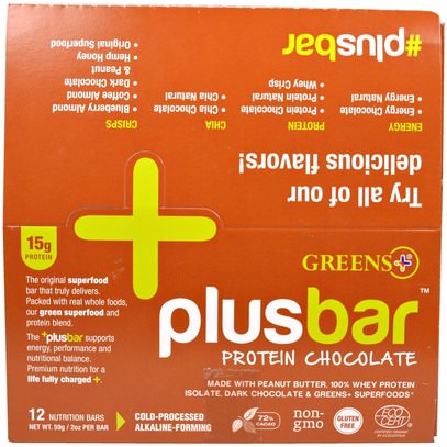 Greens Plus, Plusbar, Protein Chocolate, 12 Bars, 2 oz (59 g) Each ,والرياضة، والحانات البروتين، والحانات الغذائية