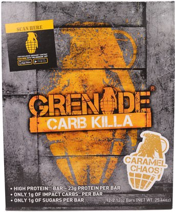 Grenade, Carb Killa Bars, Caramel Chaos, 12 Bars, 2.12 oz (60 g) Each ,والرياضة، والبروتين أشرطة