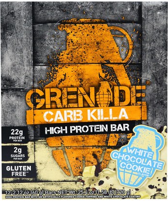Grenade, Carb Killa Bars, White Chocolate Cookie, 12 Bars, 2.12 oz (60 g) Each ,والرياضة، والبروتينات والبروتينات، بروتين الرياضة