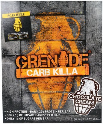 Grenade, Carb Killa, High Protein Bar, Chocolate Cream, 12 Bars, 2.12 oz (60 g) Each ,والرياضة، والبروتين أشرطة