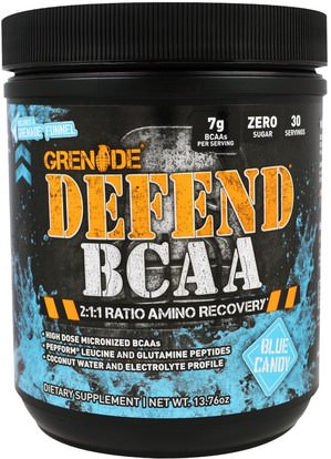 Grenade, Defend BCAA, Blue Candy, 13.76 oz (390 g) ,المكملات الغذائية، والأحماض الأمينية، بكا (متفرعة سلسلة الأحماض الأمينية)