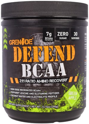 Grenade, Defend BCAA, Green Apple, 13.76 oz (390 g) ,المكملات الغذائية، والأحماض الأمينية، بكا (متفرعة سلسلة الأحماض الأمينية)