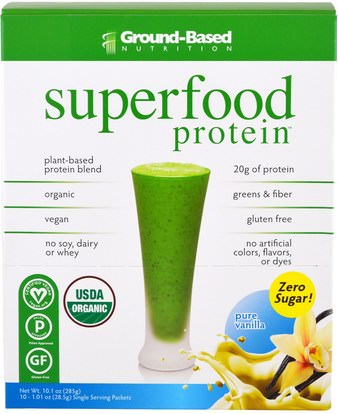 Ground Based Nutrition, Organic Superfood Protein, Pure Vanilla, 10 Packets, 1.01 oz (285 g) Each ,المكملات الغذائية، سوبرفوودس، مضادات الأكسدة
