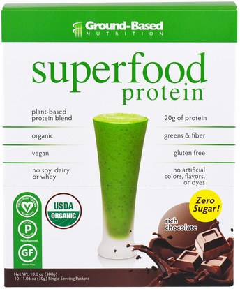 Ground Based Nutrition, Organic Superfood Protein, Rich Chocolate, 10 Packets, 1.06 oz (30 g) Each ,المكملات الغذائية، سوبرفوودس، مضادات الأكسدة