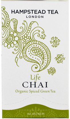 Hampstead Tea, Organic Spiced Green Tea, Life Chai, 20 Sachets ,الغذاء، شاي الأعشاب، شاي تشاي