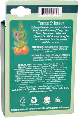 الصحة، مكافحة الإجهاد، حمام، الجمال، الروائح الزيوت الأساسية Badger Company, Stress Soother, Tangerine & Rosemary.60 oz (17 g)