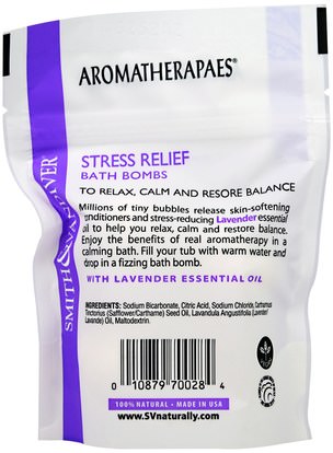 والصحة، ومكافحة الإجهاد، والمزاج Smith & Vandiver, Stress Relief Bath Bombs with Lavender Essential, 4 Effervescent Bath Balls, 0.8 oz (22 g) Each