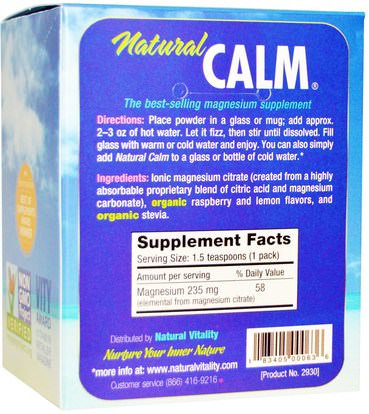 والصحة، ومكافحة الإجهاد Natural Vitality, Natural Calm, The Anti-Stress Drink, Organic Raspberry-Lemon Flavor, 30 Single-Serving Packs, 0.12 oz (3.3 g)