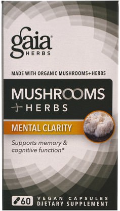 والصحة، واضطراب نقص الانتباه، إضافة، أدهد، الدماغ Gaia Herbs, Mushroom + Herbs, Mental Clarity, 60 Vegan Capsules