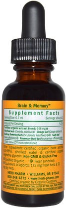 الصحة، اضطراب نقص الانتباه، إضافة، أدهد، الدماغ، الذاكرة Herb Pharm, Brain & Memory, Nervous System, 1 fl oz (30 ml)