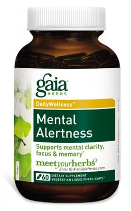 الصحة، اضطراب نقص الانتباه، إضافة، أدهد، الدماغ، الذاكرة، الأعشاب، الجنكة بيلوبا Gaia Herbs, DailyWellness, Mental Alertness, 60 Vegetarian Liquid Phyto-Caps