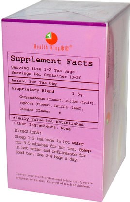 والصحة، وضغط الدم Health King, Chrysanthemum Vascuflow Herb Tea, Caffeine Free, 20 Tea Bags, 1.05 oz (30 g)