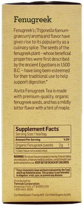 الصحة، دعم السكر في الدم، الحلبة Alvita Teas, Organic, Fenugreek Tea, Caffeine Free, 24 Tea Bags, 1.69 oz (48 g)