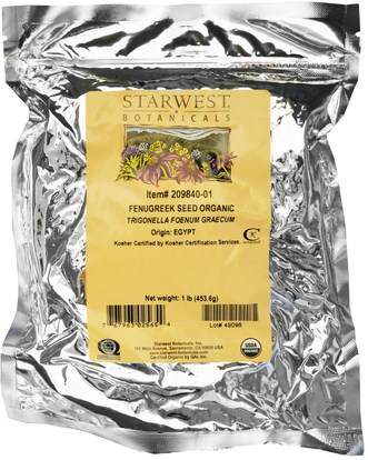 الصحة، دعم السكر في الدم، الحلبة، الطعام، التوابل و التوابل Starwest Botanicals, Fenugreek Seed Organic, 1 lb (453.6 g)