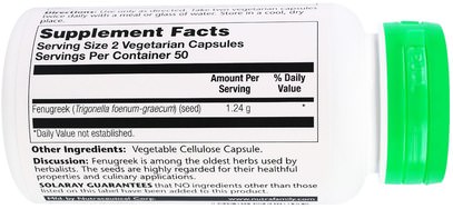 الصحة، دعم السكر في الدم، الحلبة Solaray, Fenugreek, 620 mg, 100 Vegetarian Capsules
