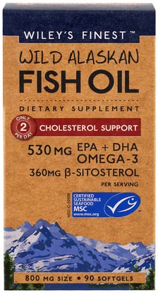 والصحة، ودعم الكولسترول، والكوليسترول Wileys Finest, Wild Alaskan Fish Oil, Cholesterol Support, 90 Softgels