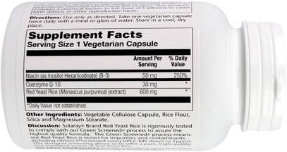 الصحة، دعم الكوليسترول، الأرز الخميرة الحمراء + أنزيم q10 Solaray, Red Yeast Rice + CoQ-10, 90 Vegetarian Capsules